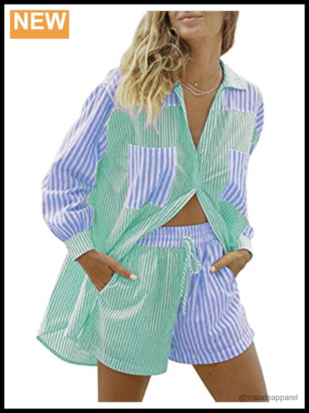 Women's 2 Piece Striped Button Down Shirt & High Waisted Mini Shorts Set